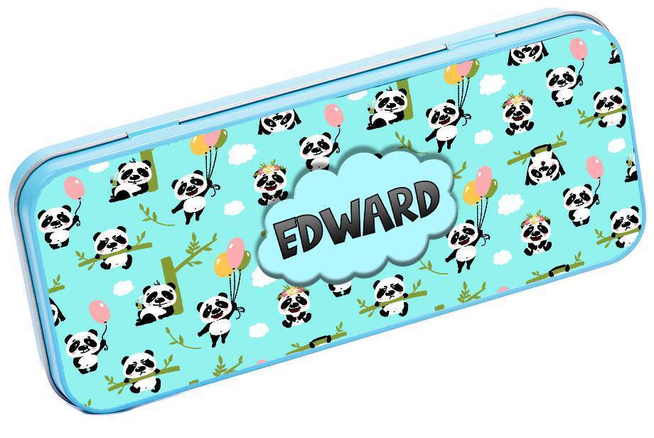 Personalised Any Name Panda Pencil Case Tin Children School Kids Stationary 19