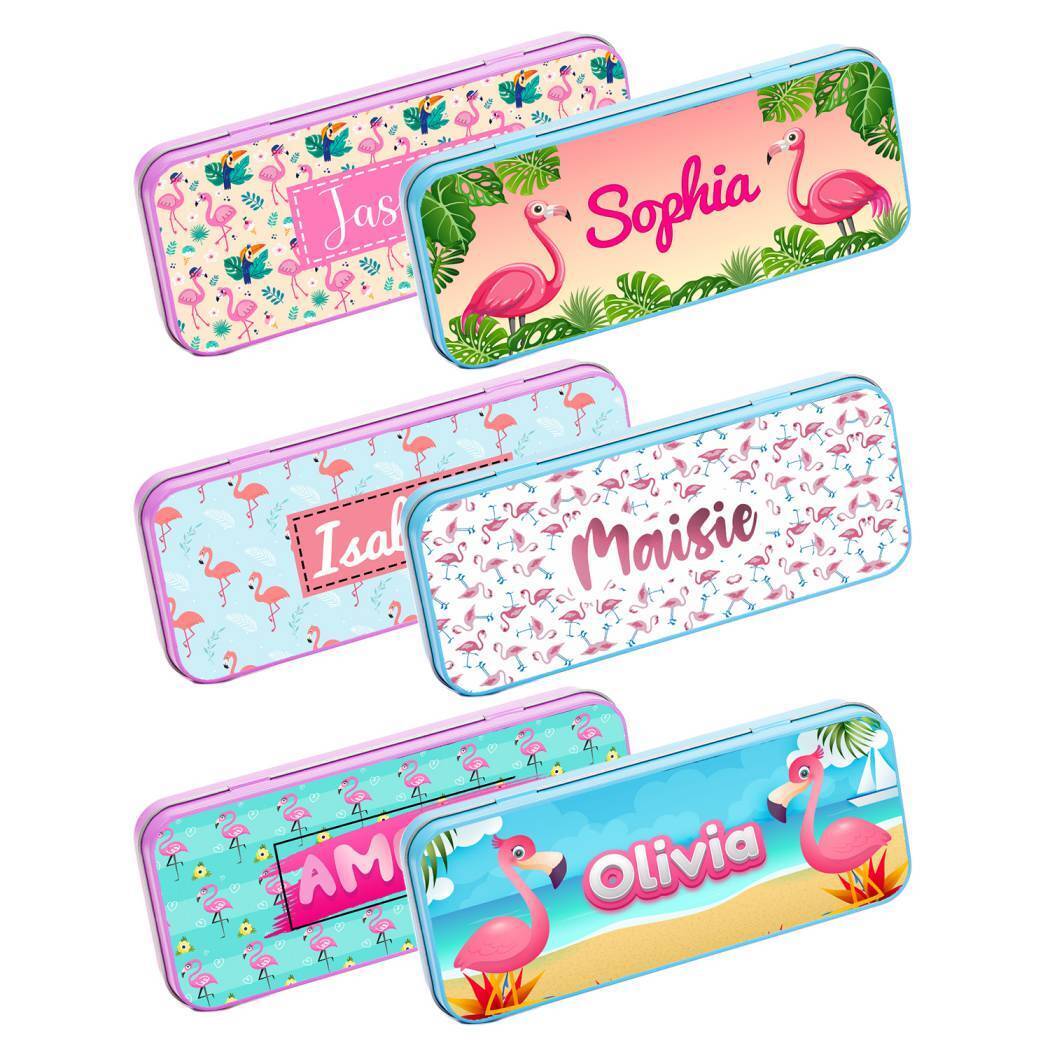 Personalised Any Name Flamingo Pencil Case Tin Children School Kid Stationary 17